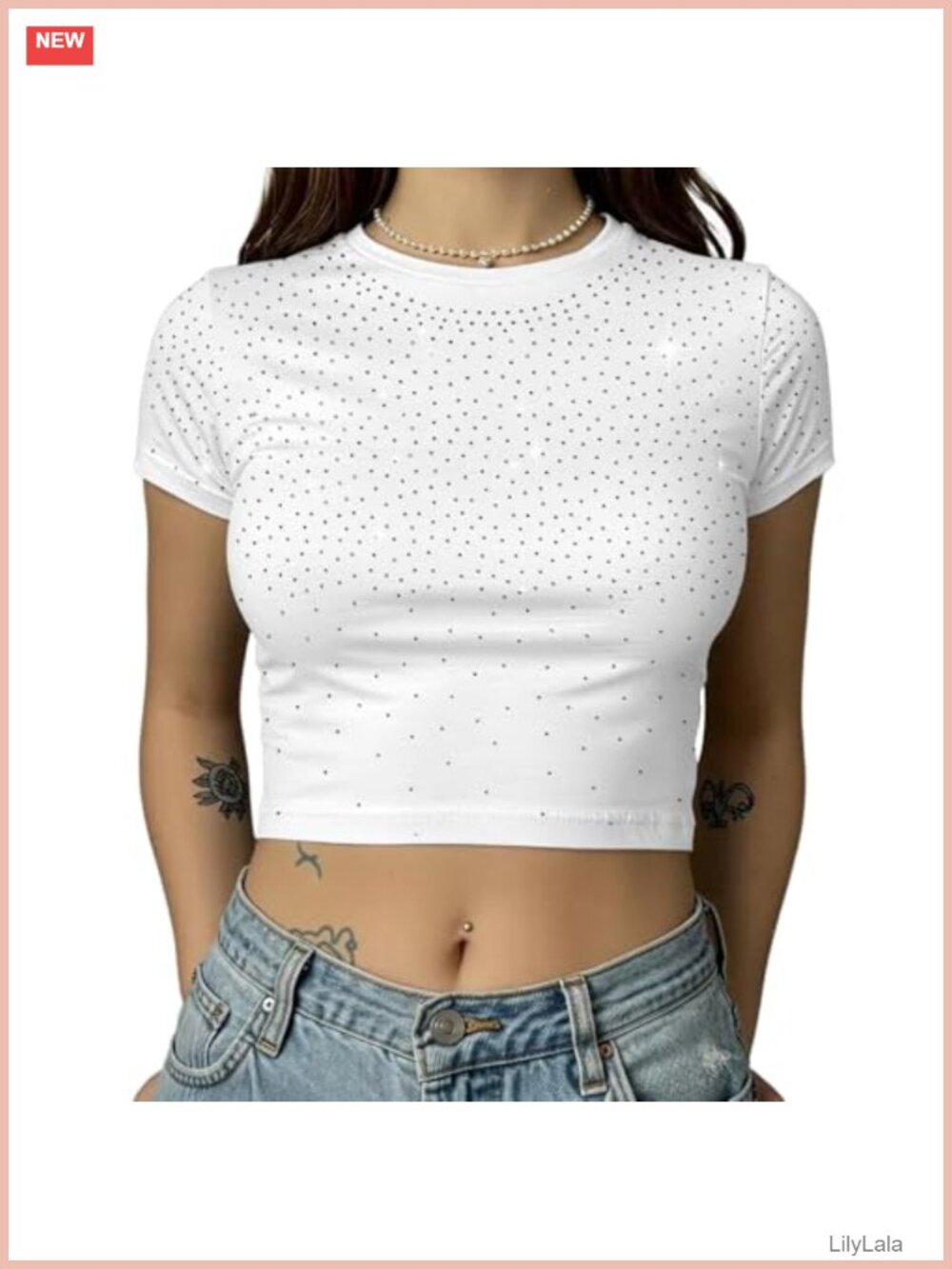 Rhinestone Crop Top Baby Tee Y2K Crewneck Sparkly Slim Fit Short Sleeve Bling